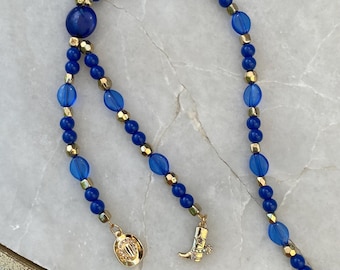 Beaded Bolo Tie Style Necklace, Blue Necklace, Y Necklace