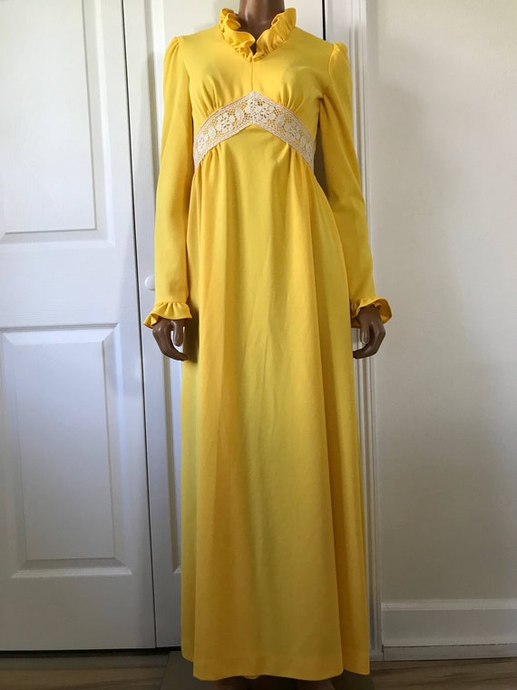 1960s Yellow Hippie Dress Maxi Long Sleeve Boho