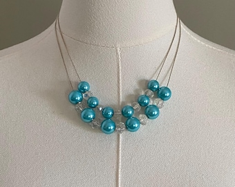 Blue & Crystal Necklace, Silver Cobra Chain Double Strand, Swinging Beads, Bridal Jewelry
