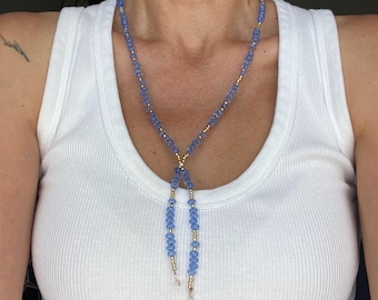 Beaded Bolo Tie Style Necklace, Blue Necklace, Y Necklace