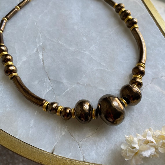 Bronze Beads Necklace, 70s Beaded Necklace, Gradu… - image 4