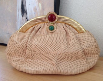 Vintage handbag,Judith Leiber Clutch Cross Body Chain Strap Snakeskin Beige Stone Ornate Clasp