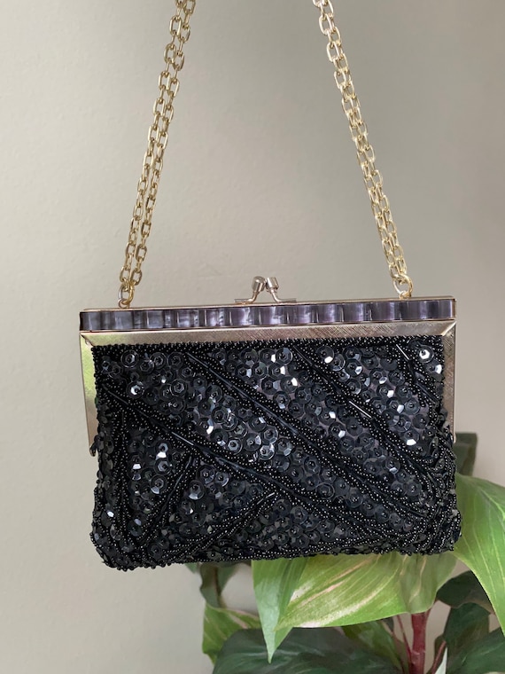 With Bonus Black /& Gold Beaded Mirrored Lipstick Case Made in Hong Kong Vintage Hand Beaded Black Clutch Purse