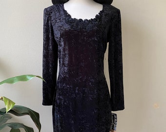 90er Jahre Schwarz Samt Bodycon Kleid: Deadstock LBD mit Spitze