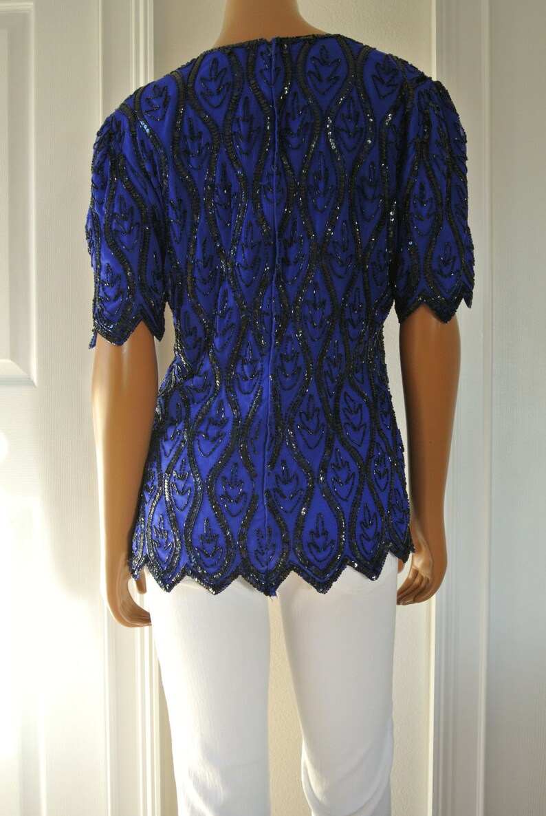 Deco Silk Blouse Cobalt Blue with Black Trophy Sequins Scalloped Short SleevesS