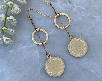 Queen Elizabeth Faux Coin Dangle Earrings: Gold Circle Earrings