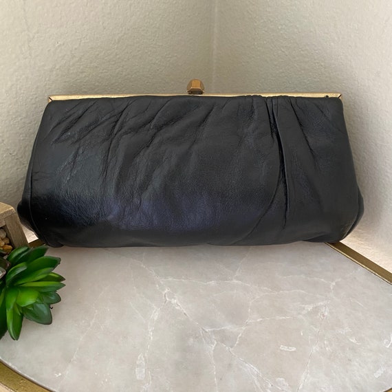 Vintage Handbag,1980s Black Leather Clutch Glam R… - image 4