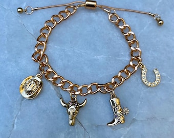 Charm Bracelet, Western Theme, Cowgirl Charms, Country Music, Music Festival, Chain Link Bracelet, Gift