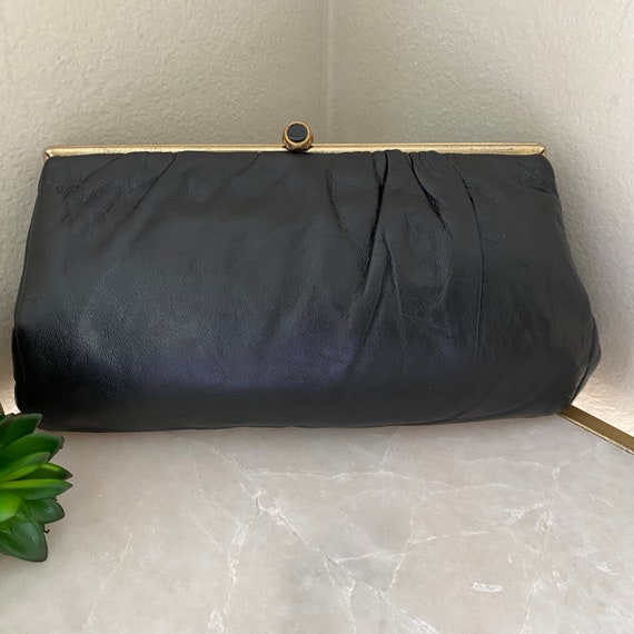 Vintage Handbag,1980s Black Leather Clutch Glam R… - image 7