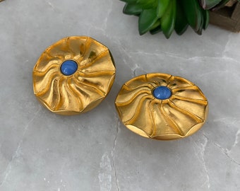 Vintage Karl Lagerfeld Earrings: Gold Sunburst with Lapis Blue Center