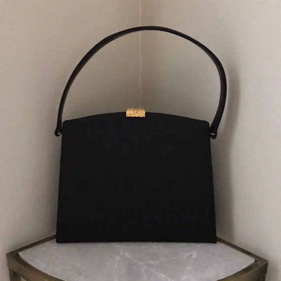 1960s Retro Mod Top Handle Bag Black Canvas Gold C