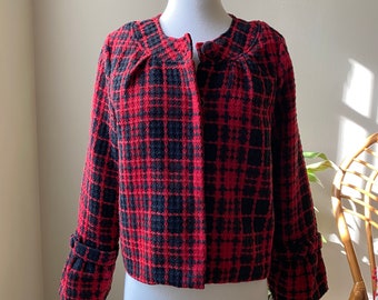 Vintage Jacket,Tweed Blazer Boucle Jacket Plaid Jacket Coat Red Plaid Blazer Oleg Cassini Blazer Size M