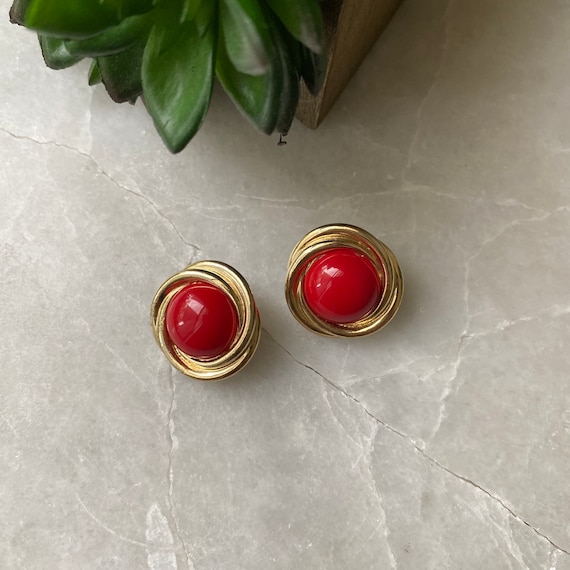 Vintage Earrings,Vintage Earrings, Red Enamel Ear… - image 1