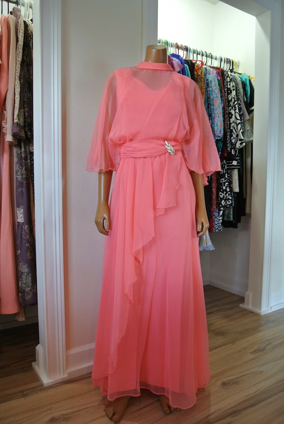 Pink Coral Dress/ 1960s Maxi Party Gown/Chiffon Ca