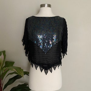 1970s Disco Blouse, Flapper Style Blouse, Roaring 20s Blouse, Sequined Top, Black Silk Blouse, Festive Blouse, Cocktail Party Blouse