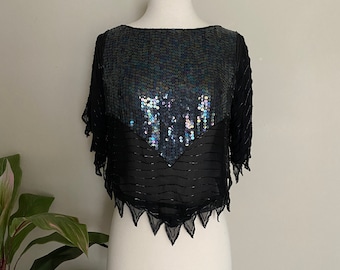 1970s Disco Blouse, Flapper Style Blouse, Roaring 20s Blouse, Sequined Top, Black Silk Blouse, Festive Blouse, Cocktail Party Blouse