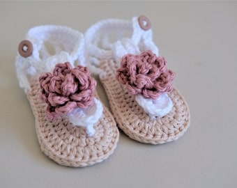 Crochet Baby Girl Flower Sandals: Cotton T-Strap, Newborn to 12 Months