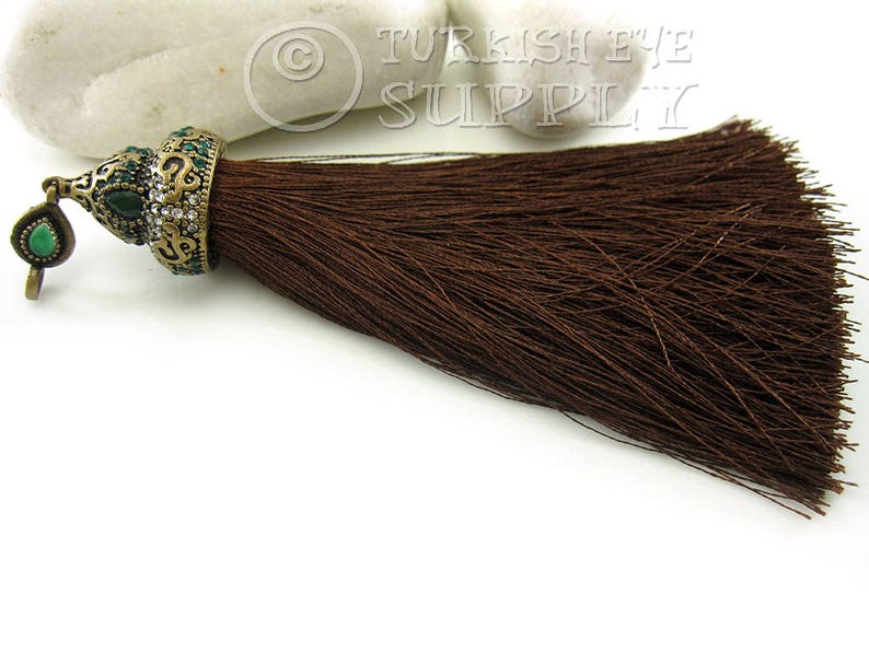 Large Brown Silk Tassel with Antique Bronze Rhinestone Ornate Tassel Cap Vintage Jewelry Turkish Ottoman Jewelry GS Tassel Necklace