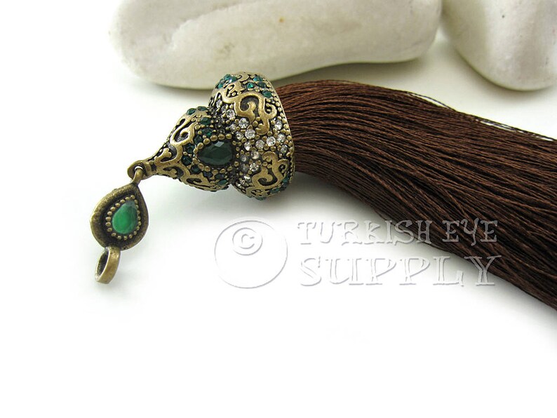 Large Brown Silk Tassel with Antique Bronze Rhinestone Ornate Tassel Cap Vintage Jewelry Turkish Ottoman Jewelry GS Tassel Necklace