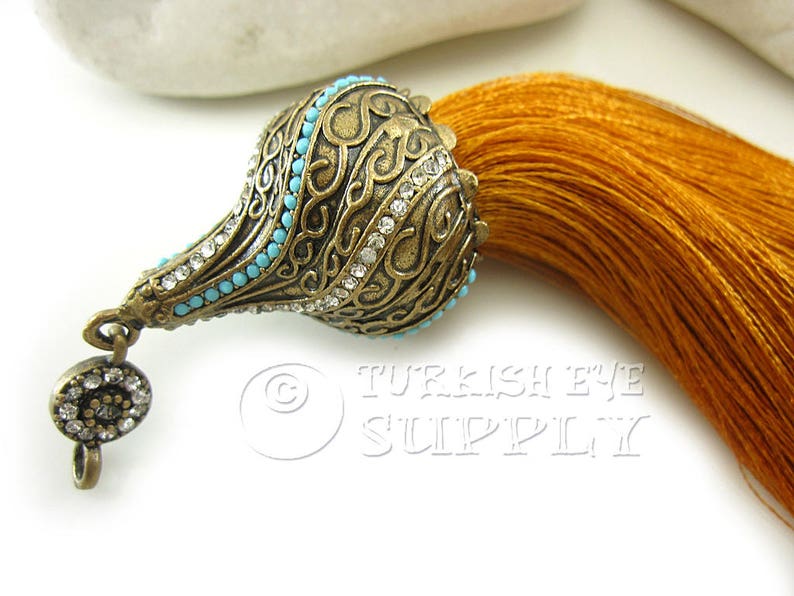 Large Burnt Orange Silk Tassel GS Antique Bronze Rhinestone Ornate Tassel Cap Vintage Jewelry Turkish Ottoman Jewelry Tassel Necklace