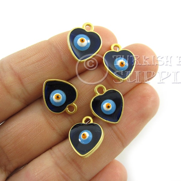 5 pc Mini Heart Evil Eye Charms, Enameled Heart Evil Eye Charm Good Luck Charms, 22K Gold Plated, Turkish Jewelry, Turkish Findings