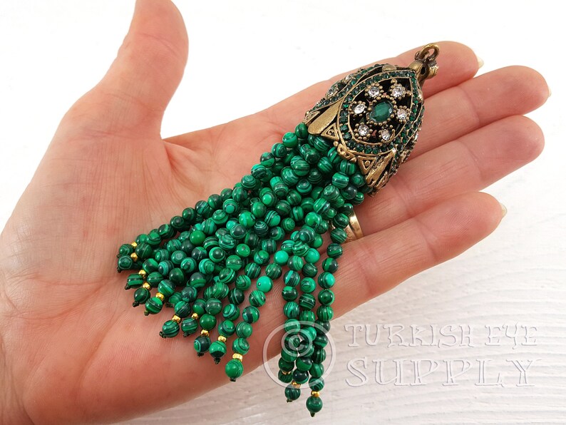Green Malachite Beaded Tassel Beaded Tassel Necklace Antique Bronze Ornate Tassel Cap with Rhinestones Turkish Tassel Large Beaded Tassel