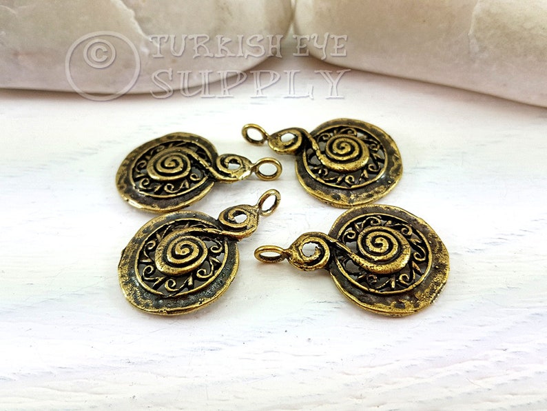 Spiral Charms Tribal Spiral Charms 4 pc Gold Charms Ethnic Charms Earring Findings Turkish Jewelry Tribal Charms Tribal Jewelry