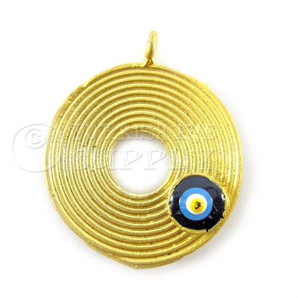 Large Spiral Figured Gold Disc Pendant with Enameled Evil Eye, Matte 22K Gold Plated Disc with Evil Eye, Turkish Jewelry Pendants