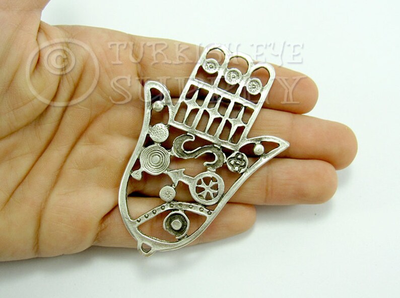 Large Hamsa Hand of Fatima Antique Silver Plated Turkish Jewelry