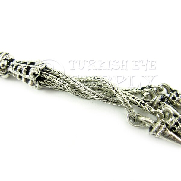 Antique Silver Plated Chain Tassel Pendant with Spike Charms, Four Silver Plated Snake Chain Strands Turkish Jewelry, Silver Tassel Pendant