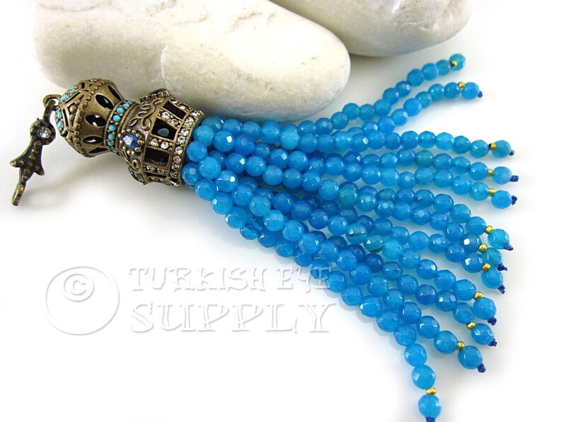 Azure Blue Jade Beaded Gemstone Tassel Tassel Necklace Antique Bronze Cap Bohemian Jewelry Gemstone Jewelry