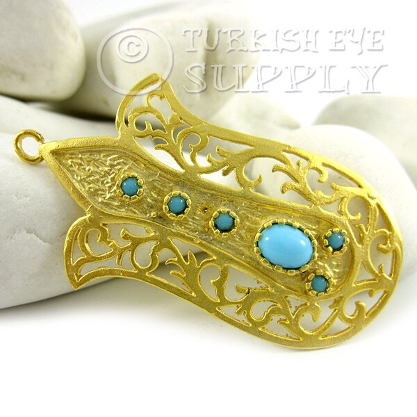 Curved Gold Tulip Pendant with Sky Blue Jade Gemstones  22K Gold Plated Turkish Jewelry