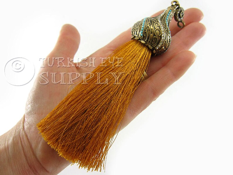 Large Burnt Orange Silk Tassel GS Antique Bronze Rhinestone Ornate Tassel Cap Vintage Jewelry Turkish Ottoman Jewelry Tassel Necklace