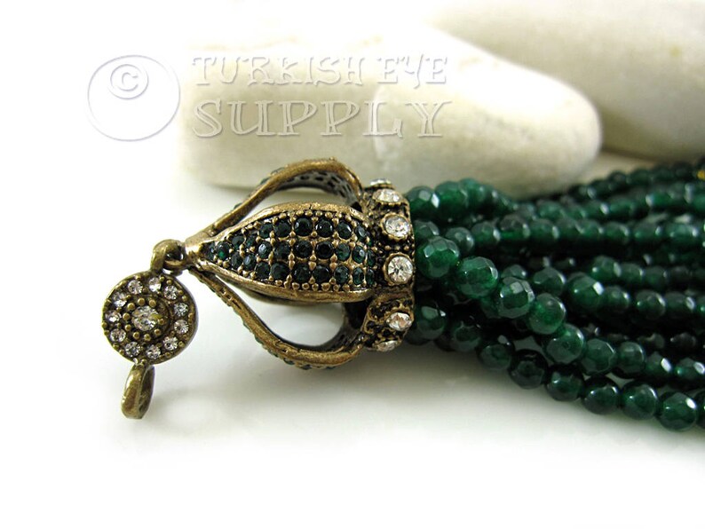 Antique Bronze Ornate Tassel Cap Gemstone Tassel Boho Tassel Jewelry Green Jade Beaded Tassel Tassel Necklace Ottoman Gemstone Jewelry
