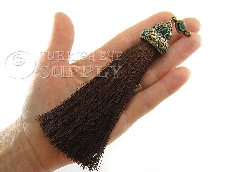 Large Brown Silk Tassel with Antique Bronze Rhinestone Ornate Tassel Cap Vintage Jewelry Turkish Ottoman Jewelry GS Tassel Necklace