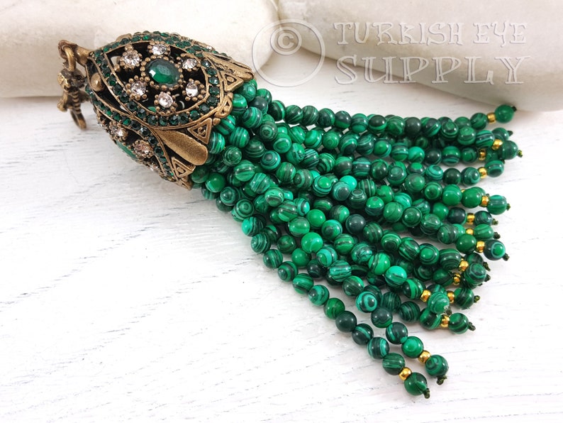 Green Malachite Beaded Tassel Beaded Tassel Necklace Antique Bronze Ornate Tassel Cap with Rhinestones Turkish Tassel Large Beaded Tassel
