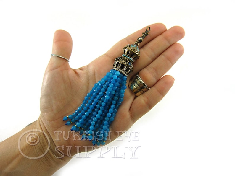 Azure Blue Jade Beaded Gemstone Tassel Tassel Necklace Antique Bronze Cap Bohemian Jewelry Gemstone Jewelry