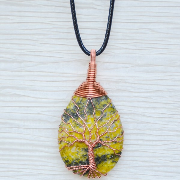 Tree of Life copper wire wrapped natural Yellow Turquoise pendant