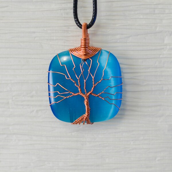 Tree of Life wire wrapped Blue Cats Eye Glass pendant