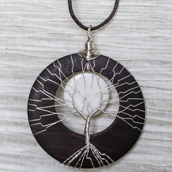 Tree of Life Necklace Silver Wire Wrapped Wood Slice with White Moon Accent