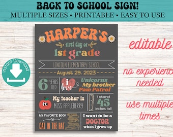 Retro Boho First Day of School Sign for girl - Printable - Back to school sign