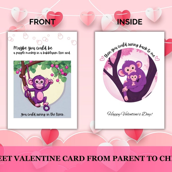 Purple Monkey in a Bubblegum Tree Card - Valentine's Day - From parent to child - Card for son - Card for daughter