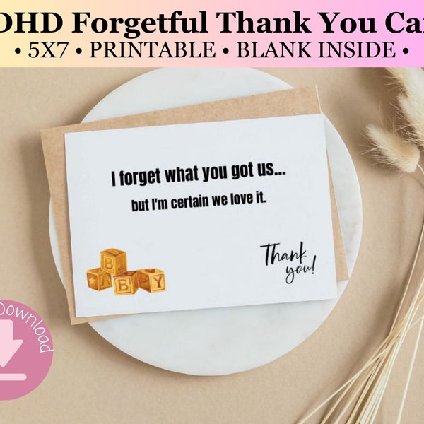 Baby shower - ADHD thank you card - funny card - forgetful but grateful
