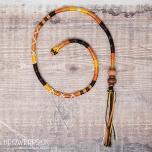 Brown and gold Hair Wrap, Boho yellow cotton Hairwrap, Removable Hair braid hair accessory with wooden beads, by Hairwraps UK, BUMBLE BEE
