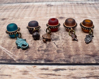 Stacking Loc beads, Seaglass and copper bead set, dread beads with charm, Stackable beads for dreads, Large hole hair beads, Sea-glass beads