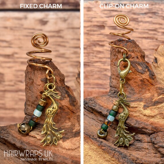 Hand Wrapped Wire Charm, Phoenix and Bronze Bell Hair Jewellery