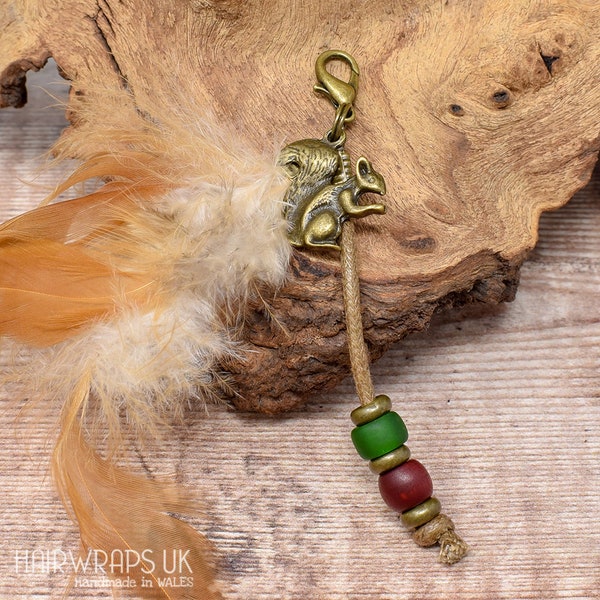 SQUIRREL FEATHER antique bronze charm with ethical Feathers, Bronze Hair Wrap Charm, Seaglass bead feather planner charm, Journal accessory