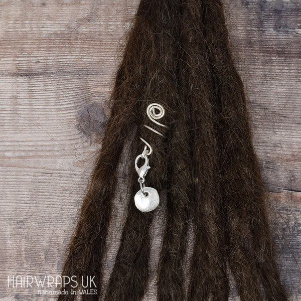 SILVER DISC charm for dreadlock, Wrapped wire dread cuff and charm, Loc bead and charm, Silver dreadlock jewellery