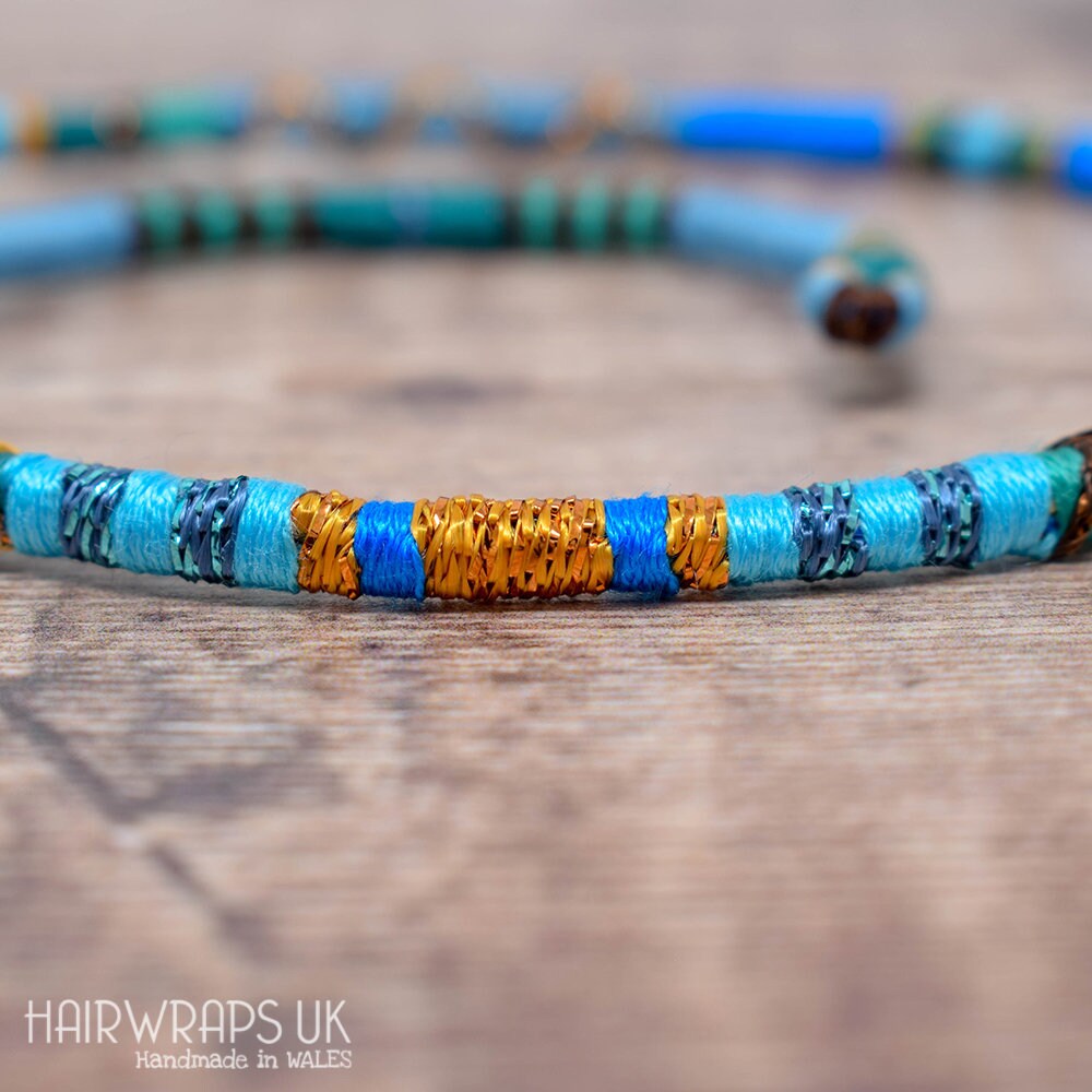 Bohemian Braided Hair Wrap Accessory with Turquoise Beads - Unbranded Turquoise Macrame Hair Wrap With Brass Beads: Boho Clip-in  main image 4