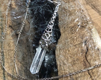 Crystal Wand Necklace With Sterling Silver Chain,  Quartz Crystal Has Wonderful Windows,  Sterling Silver Ox Metal Lace, Lovely Victorian